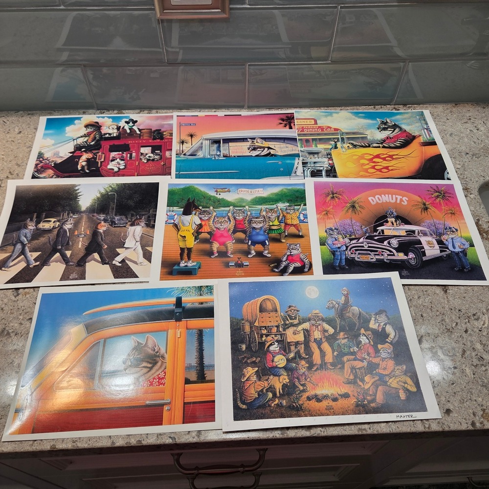 Don Roth Cat Art Prints Set of 8 Abbey Road Woodie Wagon Hot Rod Kat Kop 8x10
